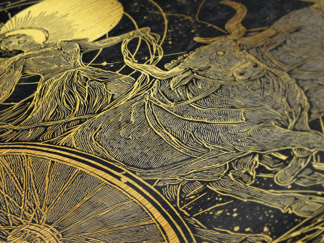 Selene Chariot Metallic Gold Metal Print, Moon Goddess Art, Real Wood Frame, Mythology Decor, Celestial Metal Artwork
