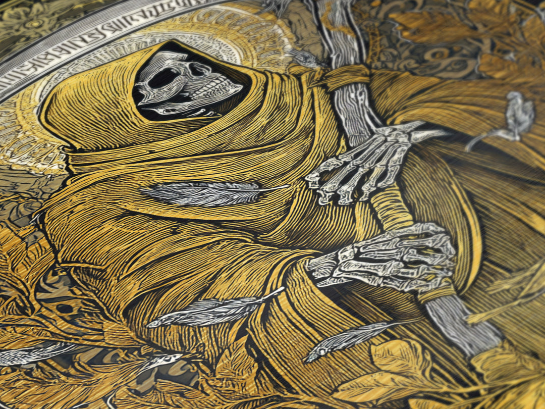 Grim Reaper Metallic Gold Metal Print, Gothic Mythology Wall Art, Skeleton With Scythe Artwork, Real Wood Frame, Dark Decor