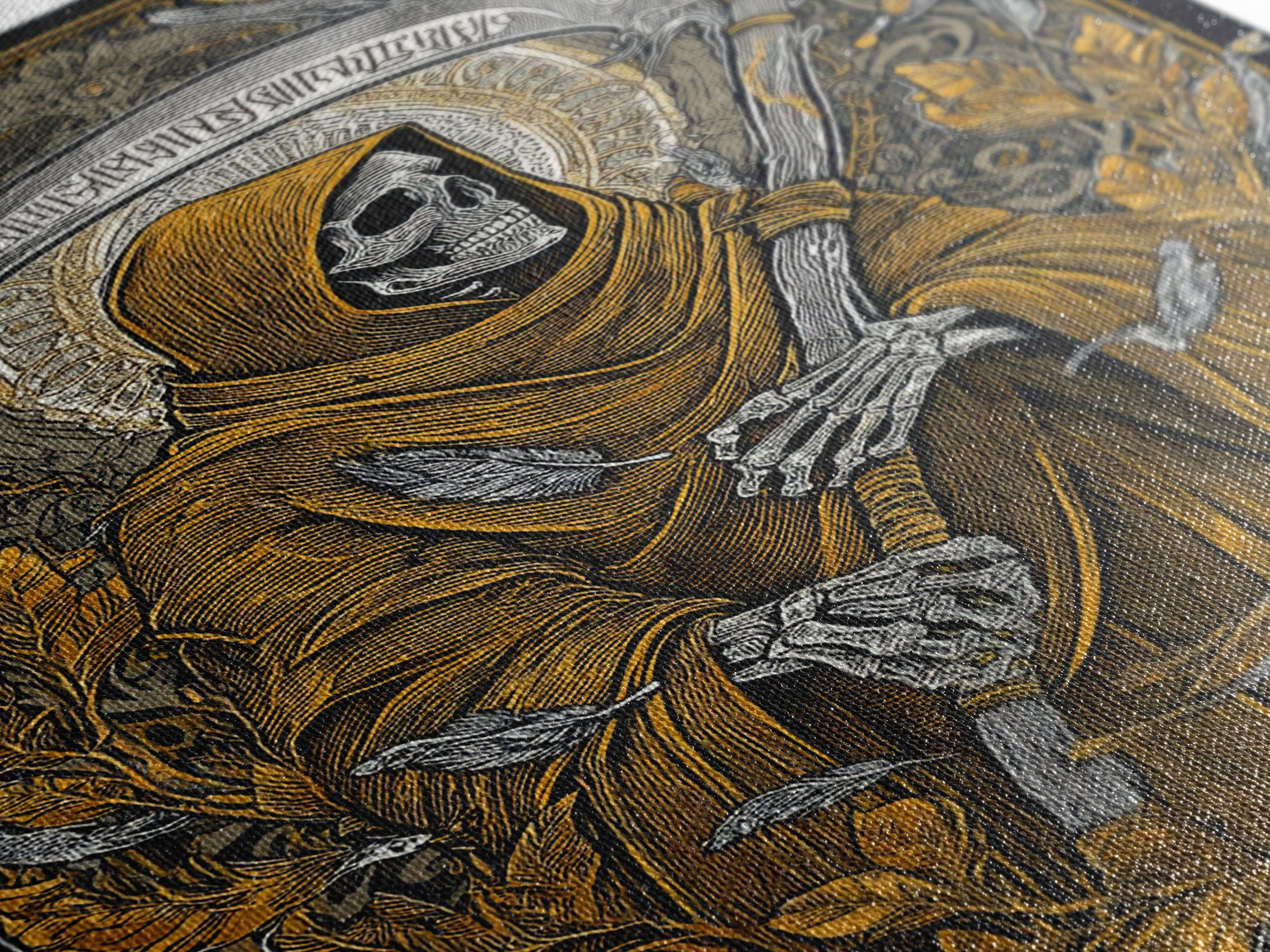 Grim Reaper Canvas Gold Canvas Print, Gothic Mythology Wall Art, Skeleton With Scythe Artwork, Real Wood Frame, Dark Decor