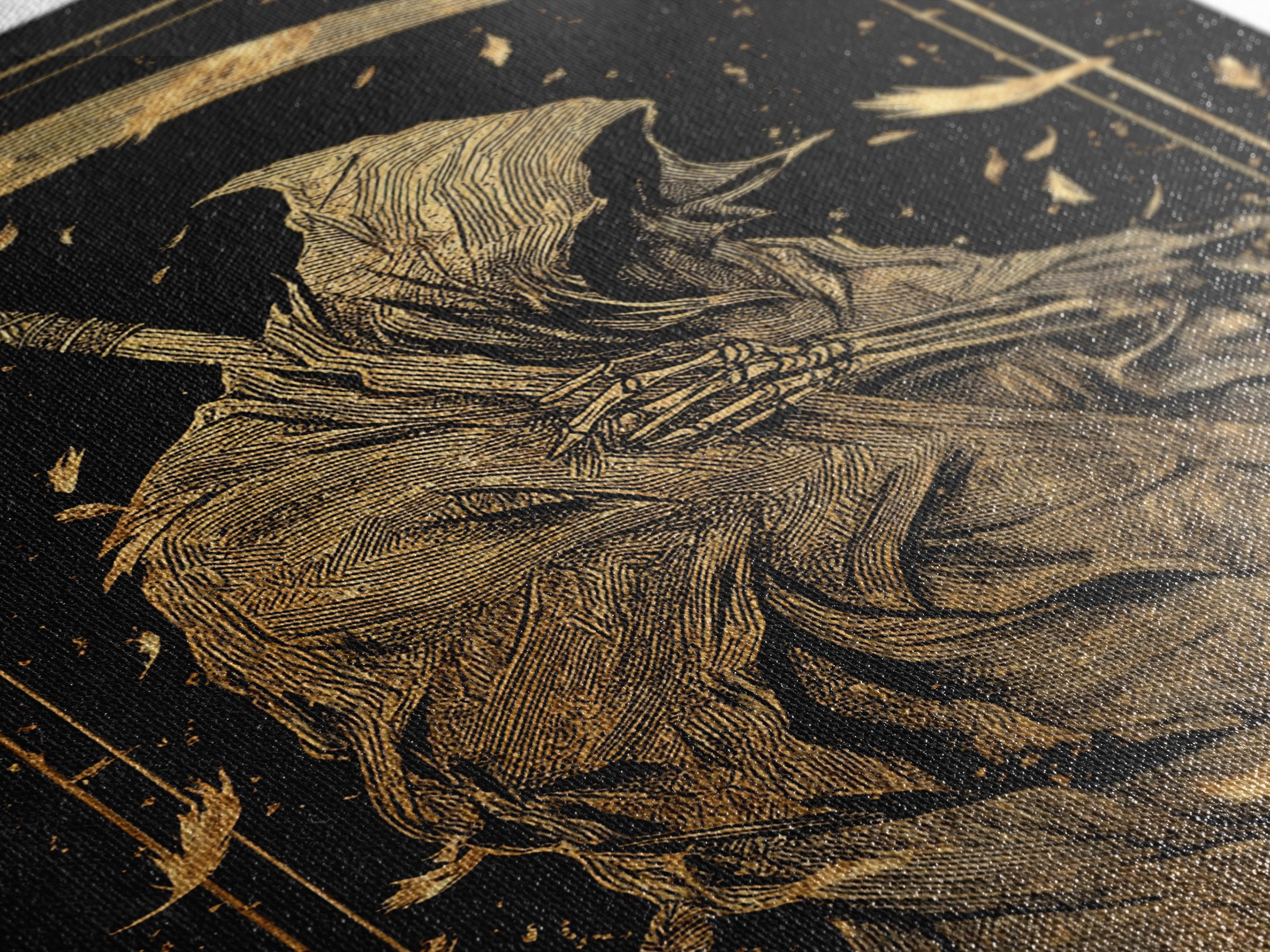 Death Figure Canvas Gold Canvas Print, Gothic Skeleton Wall Art, Grim Reaper Mythology Artwork, Real Wood Frame, Dark Decor