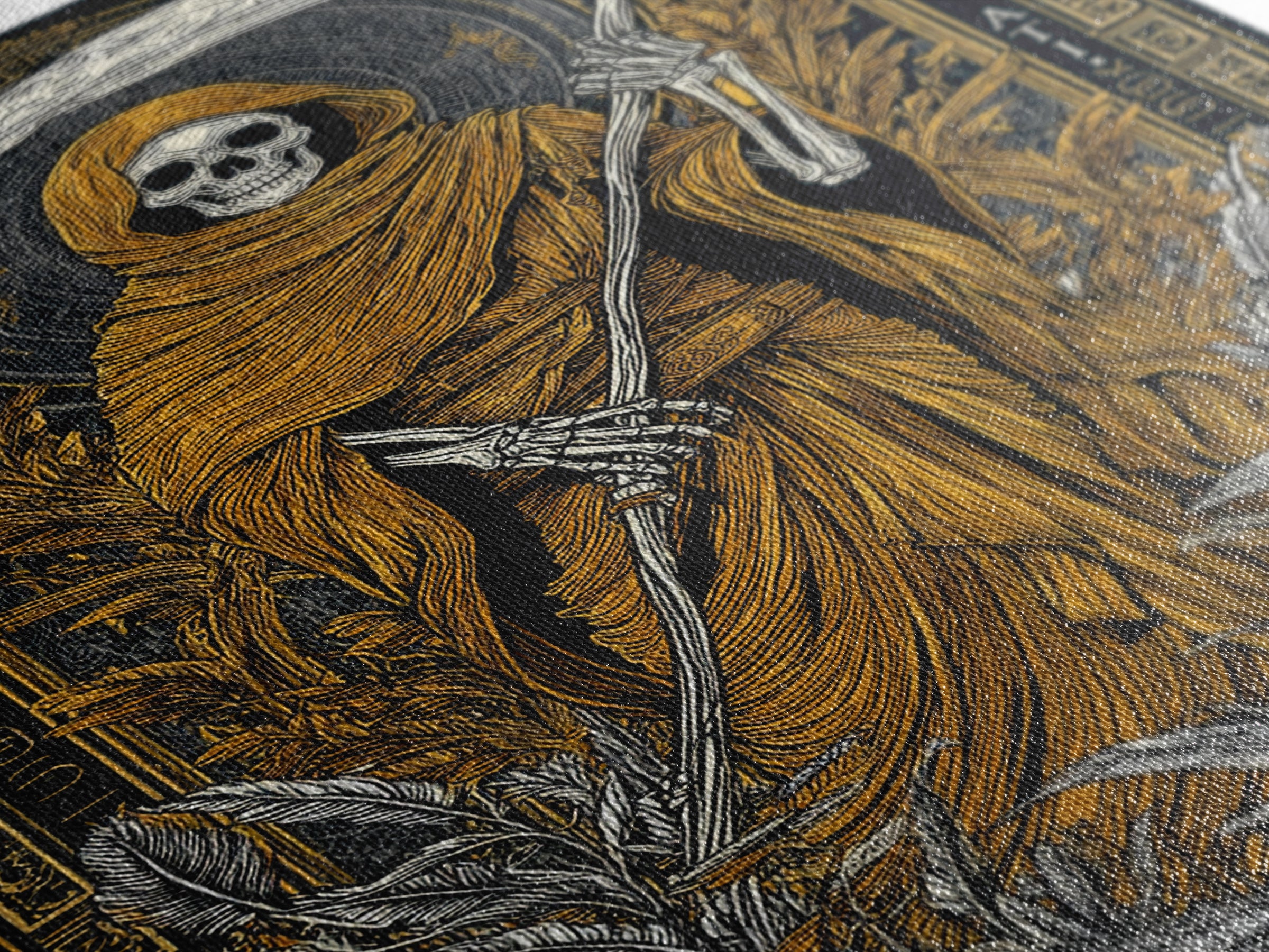 Hooded Skeleton Canvas Gold Canvas Print, Grim Reaper Gothic Wall Art, Dark Mythology Artwork, Real Wood Frame, Unique Decor