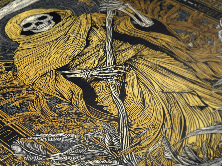 Hooded Skeleton Metallic Gold Metal Print, Grim Reaper Gothic Wall Art, Dark Mythology Artwork, Real Wood Frame, Unique Decor