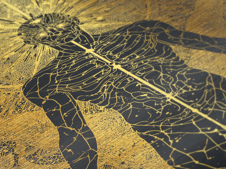Celestial Radiance Figure, Metallic Gold Art, Mythological Cosmic Wall Print, Spiritual Decor With Real Wood Frame