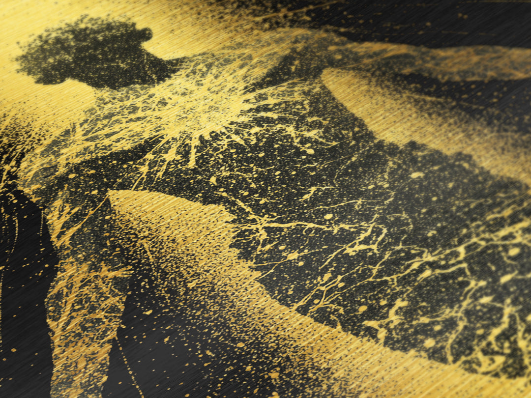 Golden Cosmic Silhouette, Metallic Gold Metal Print, Abstract Mythology Inspired Wall Decor, Real Wood Frame