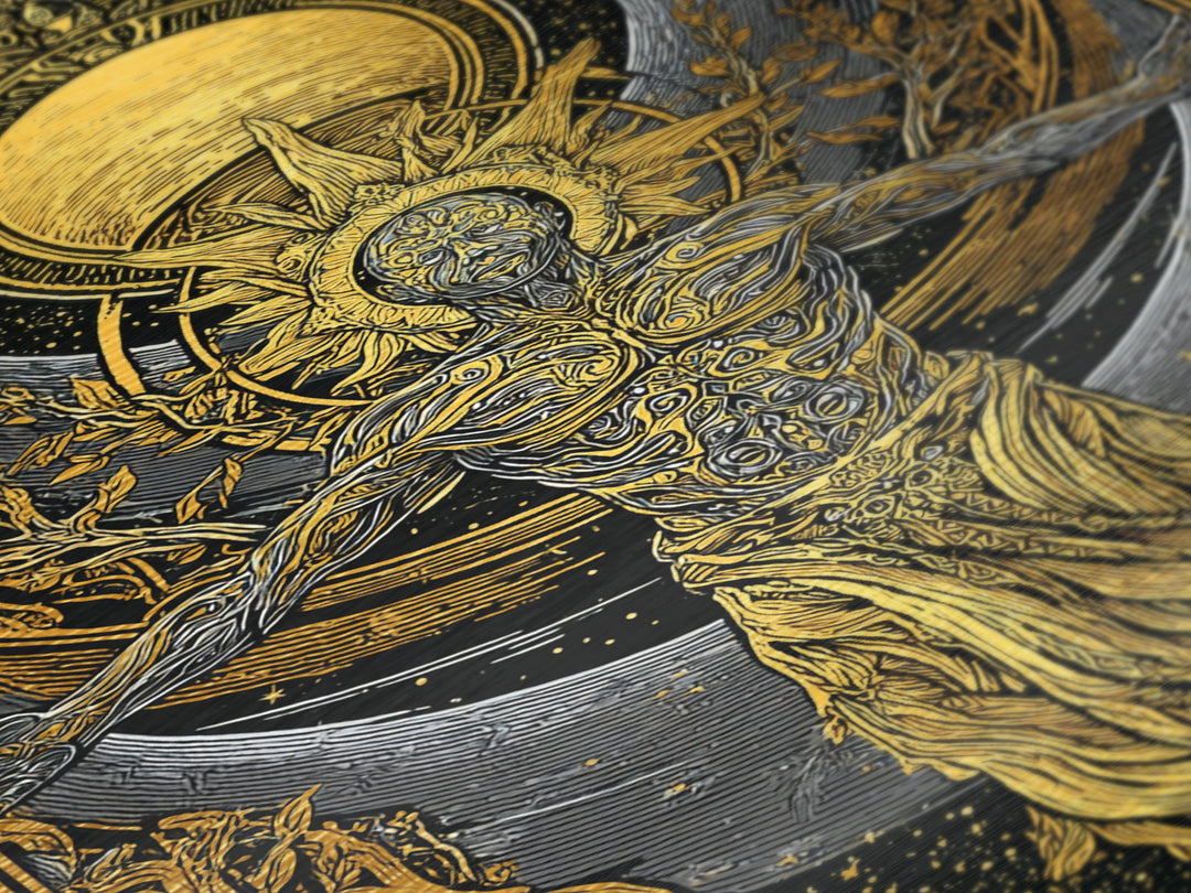 Divine Sun God Artwork, Metallic Gold Metal Print, Mythology Inspired Celestial Wall Art, Real Wood Framed Print