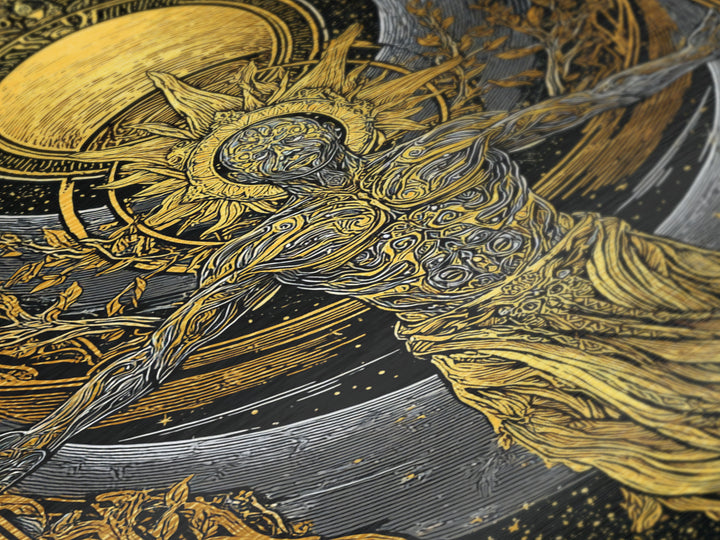 Divine Sun God Artwork, Metallic Gold Metal Print, Mythology Inspired Celestial Wall Art, Real Wood Framed Print