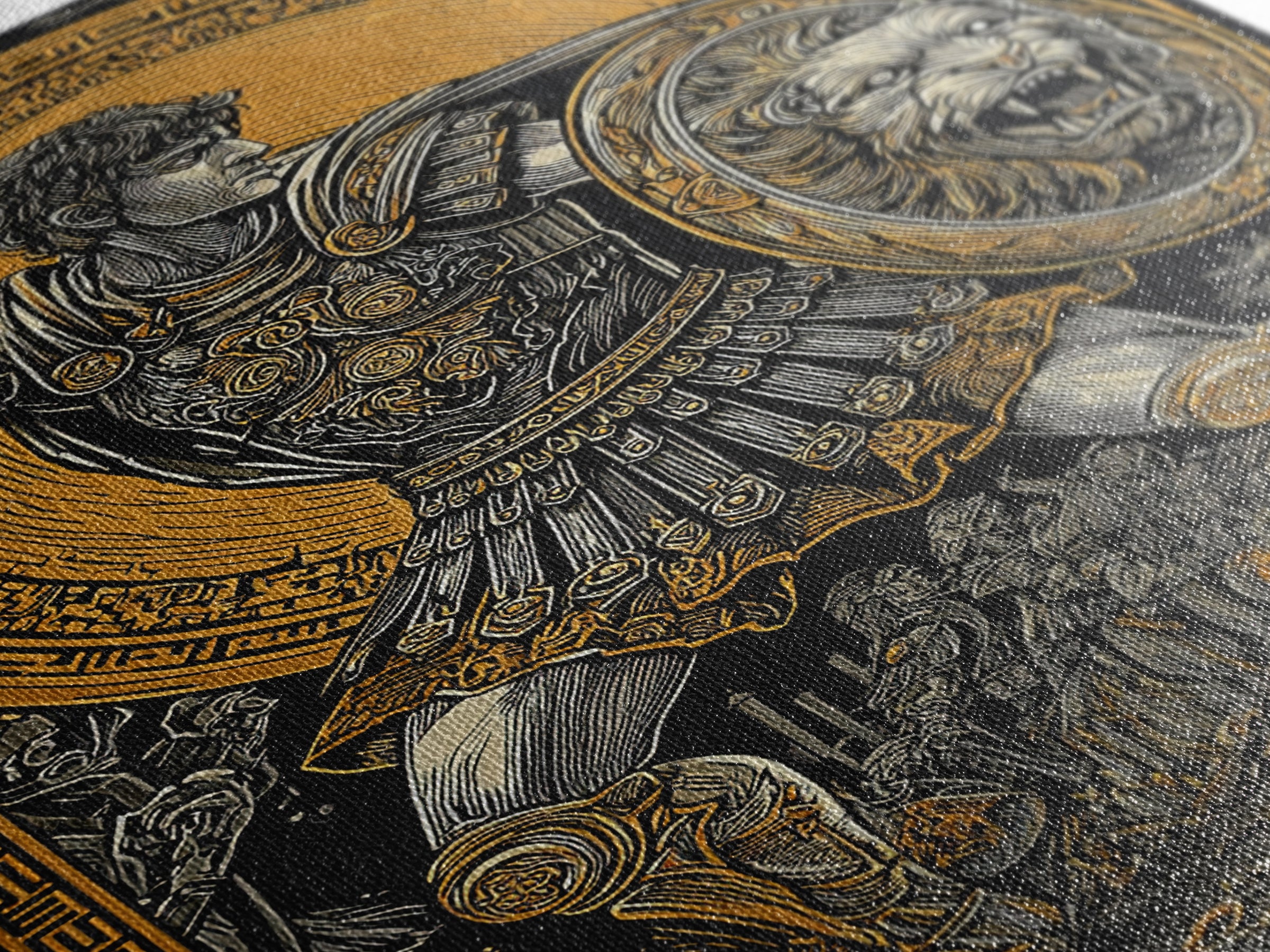 Warrior In Battle Scene, Canvas Gold Canvas Print, Ancient Mythology Inspired Wall Artwork, Real Wood Frame
