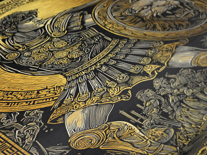 Warrior In Battle Scene, Metallic Gold Metal Print, Ancient Mythology Inspired Wall Artwork, Real Wood Frame