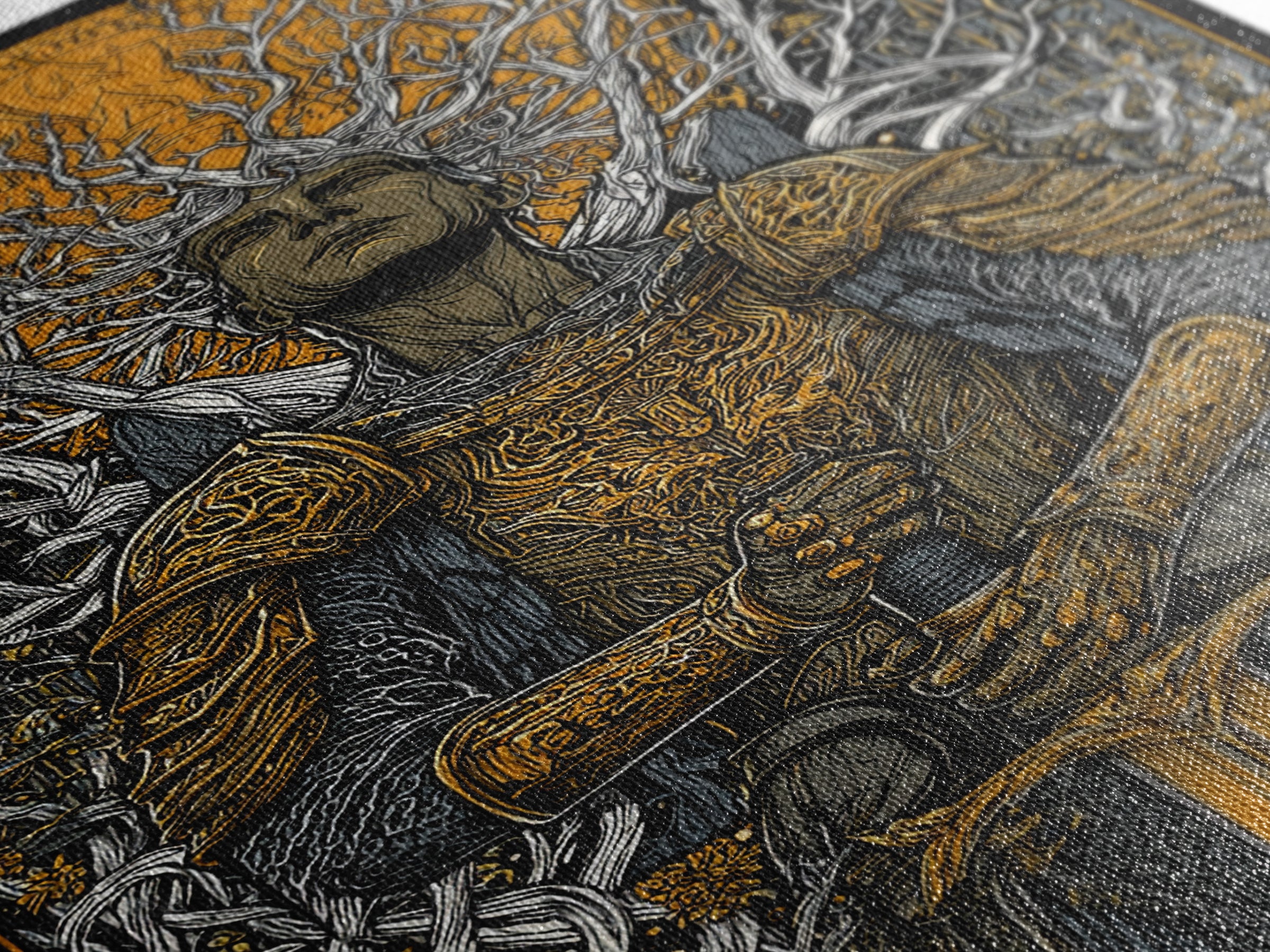Mythic Guardian With Sword, Canvas Gold Art, Fantasy Inspired Warrior Wall Print, Real Wood Framed Wall Decor