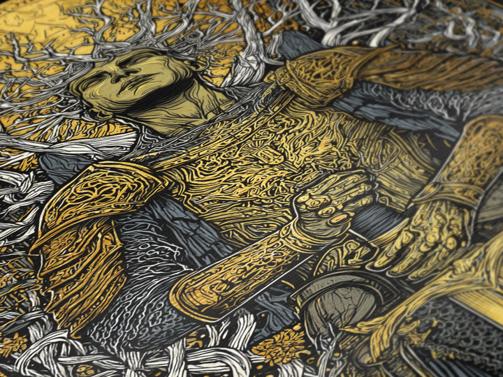 Mythic Guardian With Sword, Metallic Gold Art, Fantasy Inspired Warrior Wall Print, Real Wood Framed Wall Decor