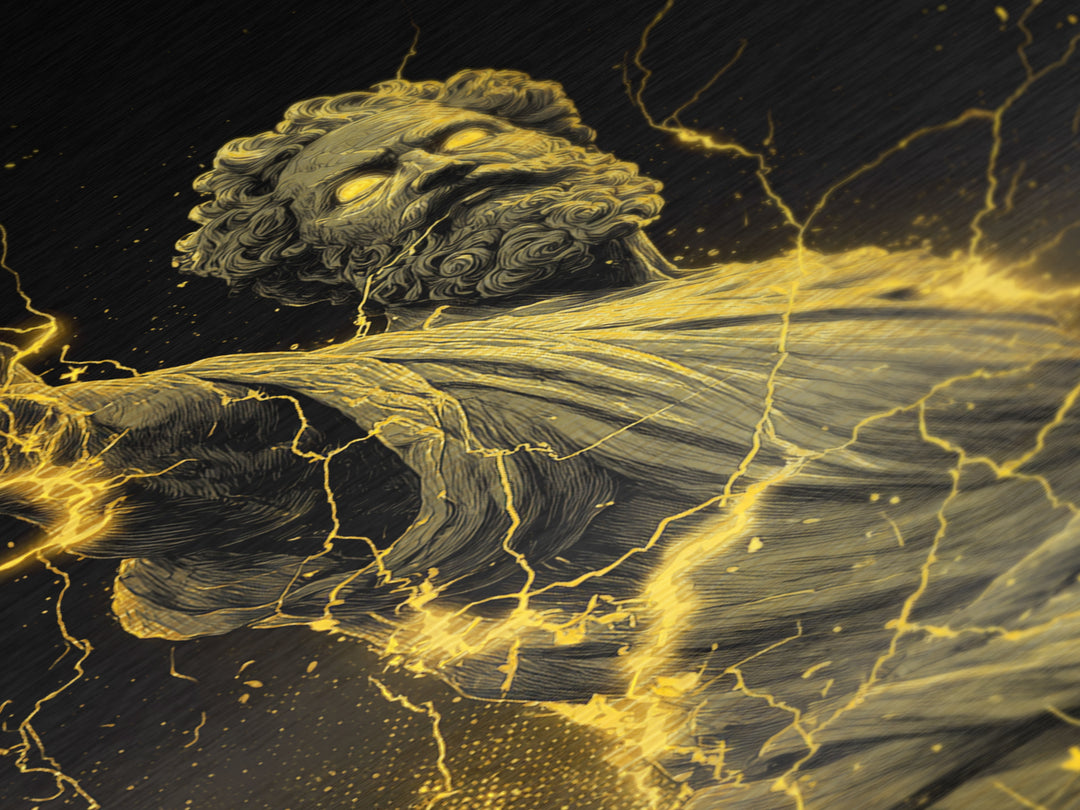 Lightning God Metallic Gold Art, Powerful Zeus Wall Print, Mythology Inspired Decor, Ancient Greek Metal Artwork, Real Wood Frame