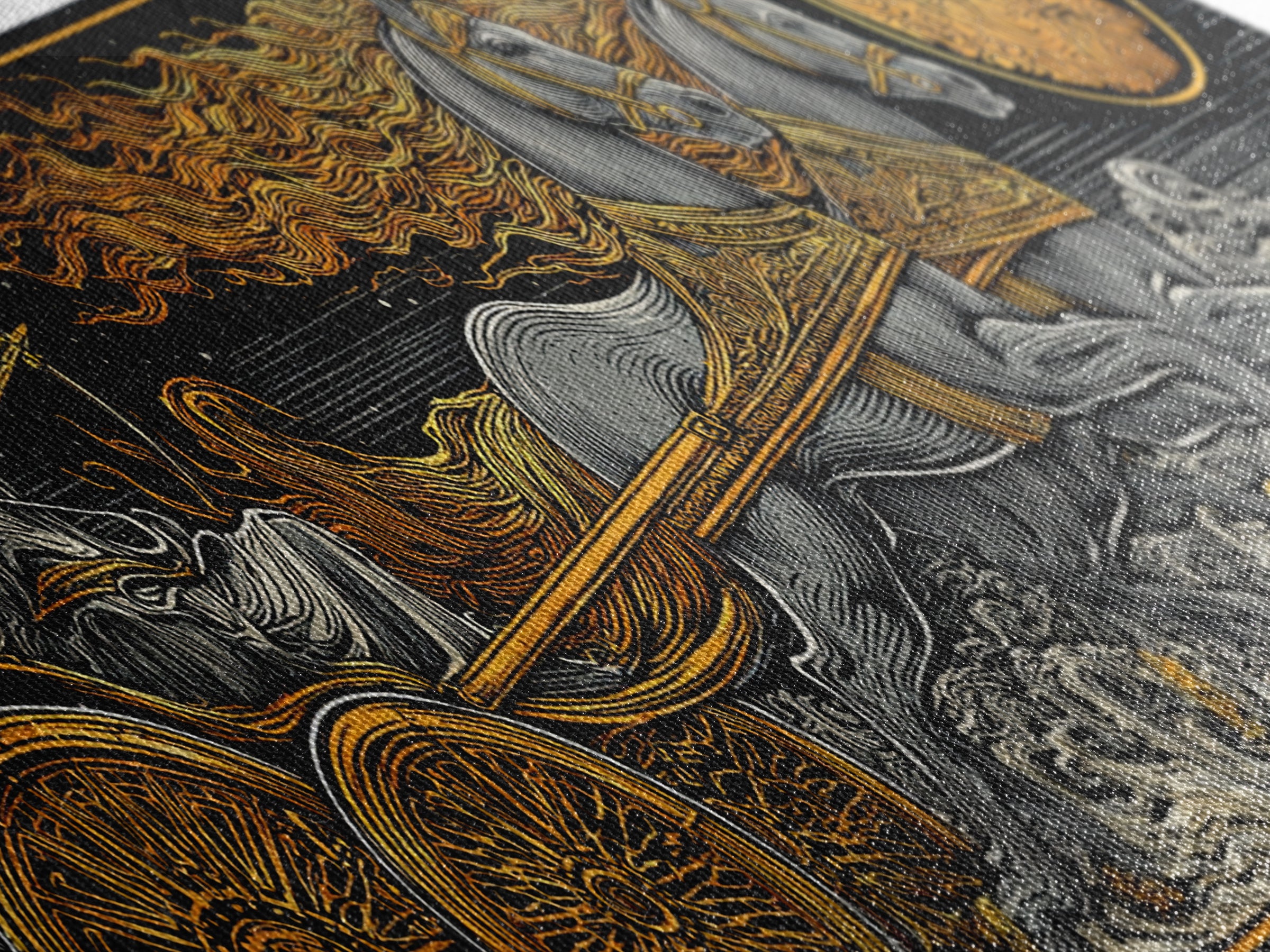 Sun God Chariot, Mythological Horses And Flames Wall Decor, Gold Canvas Print, Real Wood Framed Art