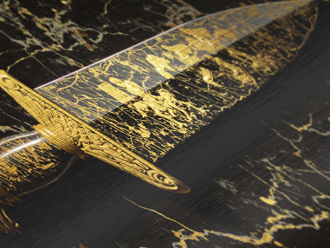 Ancient Greek Sword Engraved With Mythology, Decorative Heroic Weapon Artwork, Metallic Gold Metal Print, Real Wood Frame