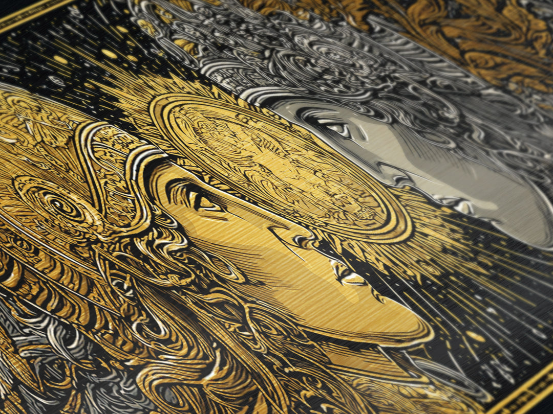 Warrior Gods Face To Face, Ancient Mythological Helmet Artwork, Metallic Gold Metal Print, Real Wood Frame Wall Art