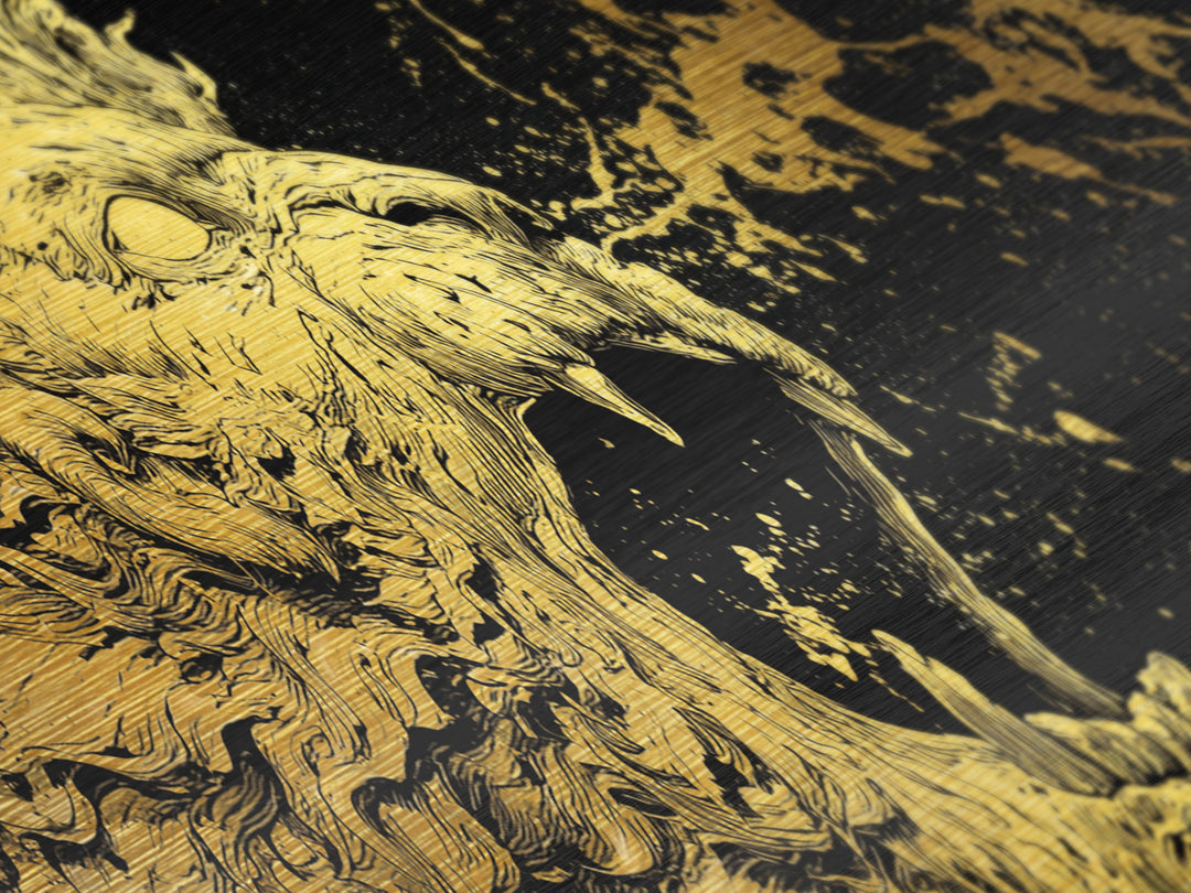 Roaring Lion Of Mythology, Fierce King Of Beasts Ancient Artwork, Metallic Gold Metal Print, Real Wood Frame Wall Decor