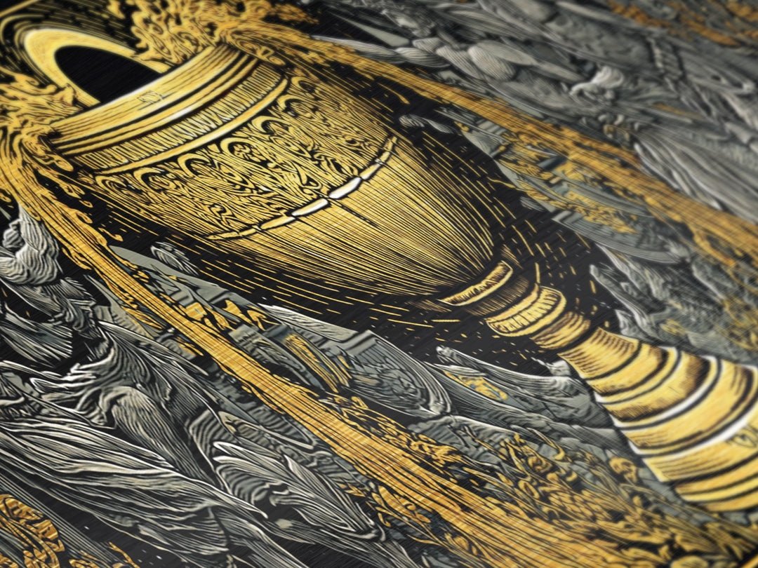 Ancient Chalice Of Gods, Mythological Cup With Figures And Flowing Design, Metallic Gold Metal Print, Real Wood Frame Artwork