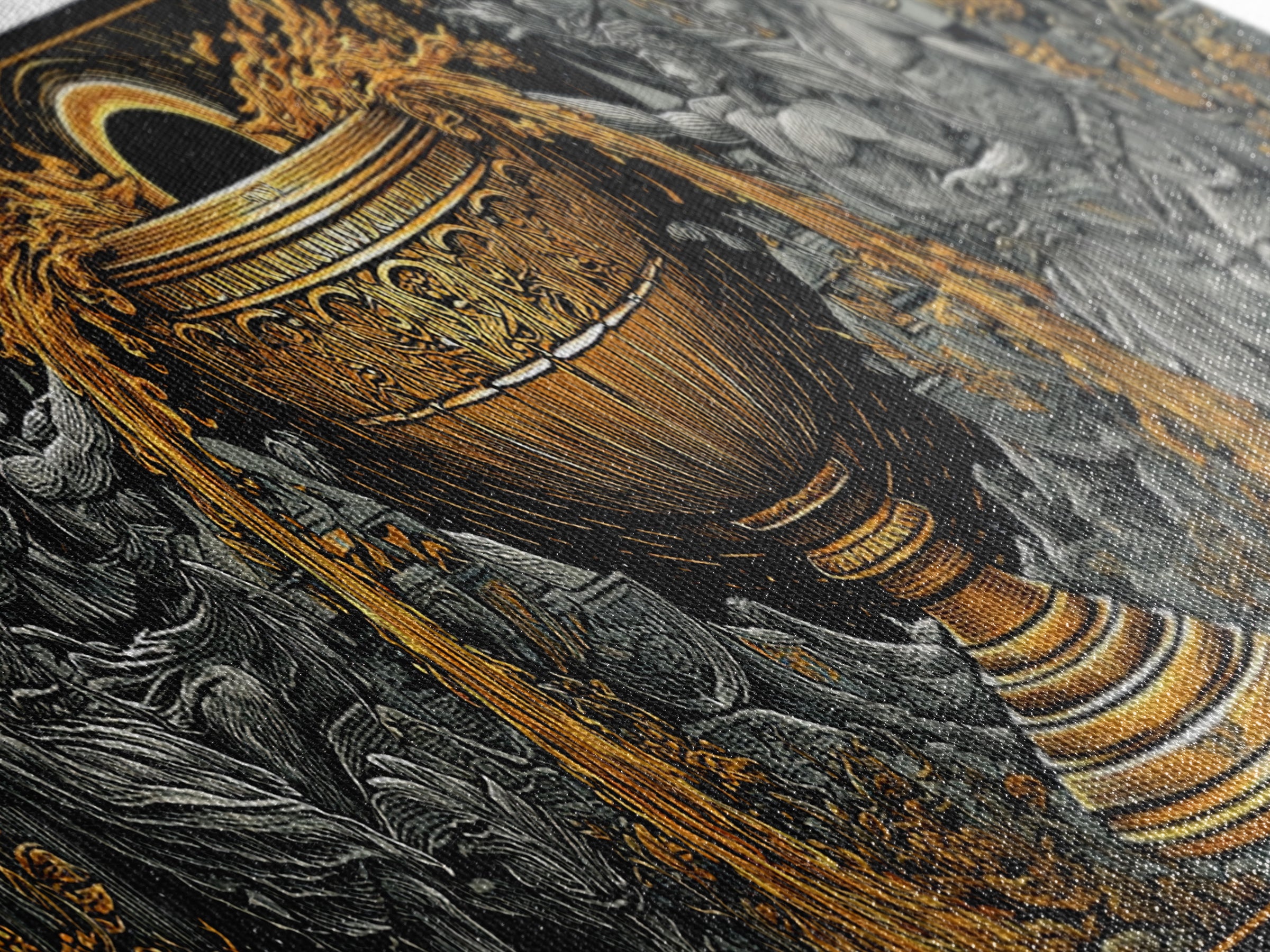 Ancient Chalice Of Gods, Mythological Cup With Figures And Flowing Design, Gold Canvas Print, Real Wood Frame Artwork