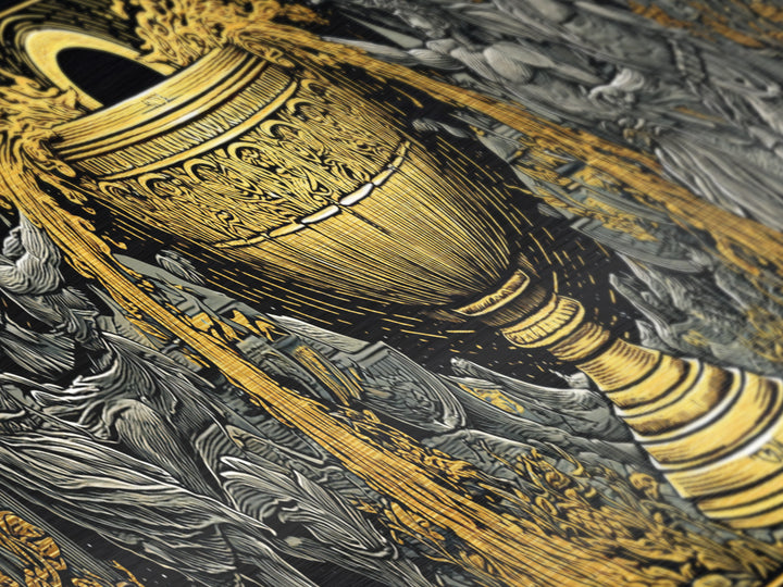 Ancient Chalice Of Gods, Mythological Cup With Figures And Flowing Design, Metallic Gold Metal Print, Real Wood Frame Artwork