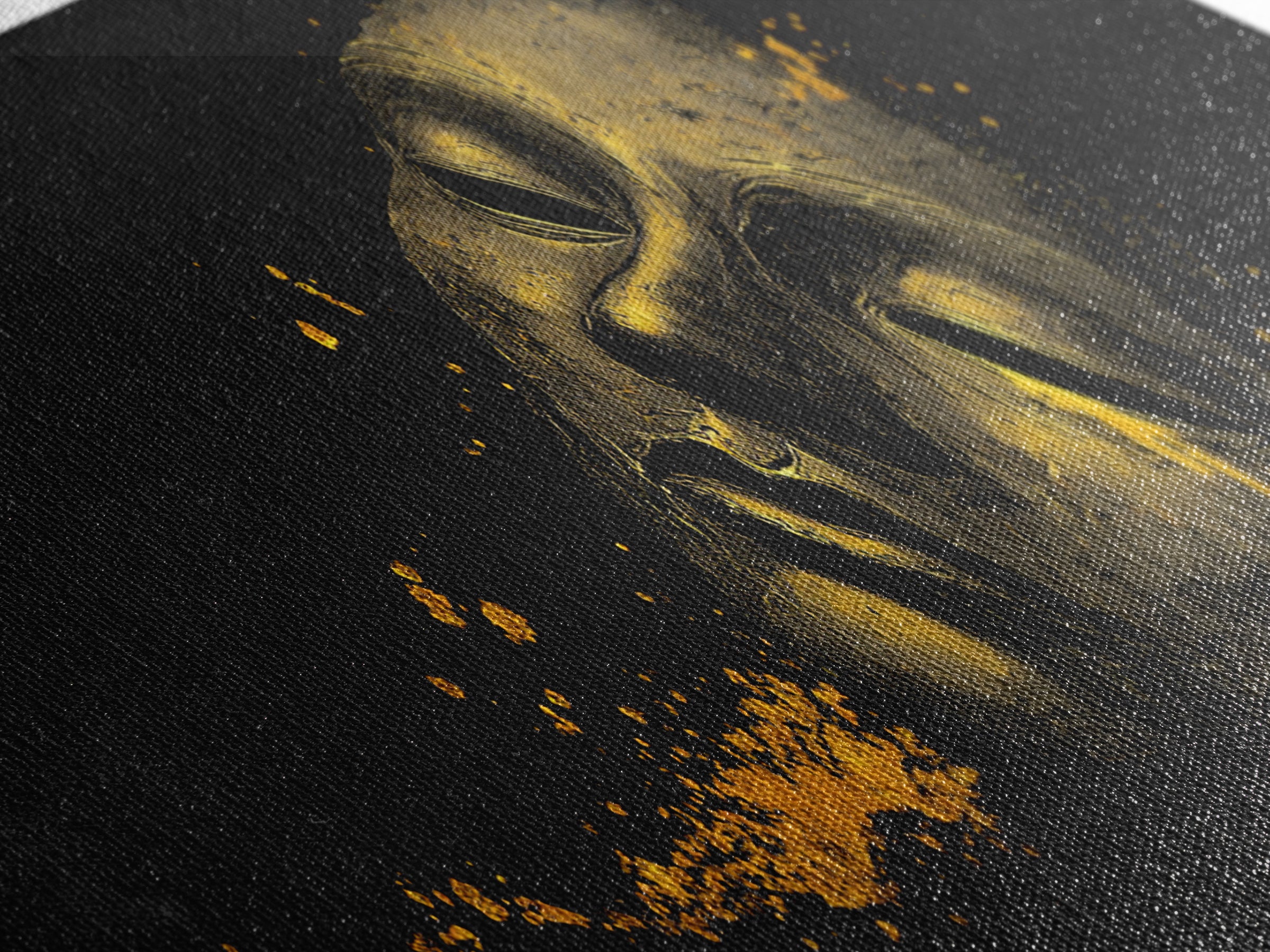 Crying Mask Artwork, Mythological Tragedy Symbol Dramatic Face Wall Design, Gold Canvas Print, Real Wood Frame Wall Art