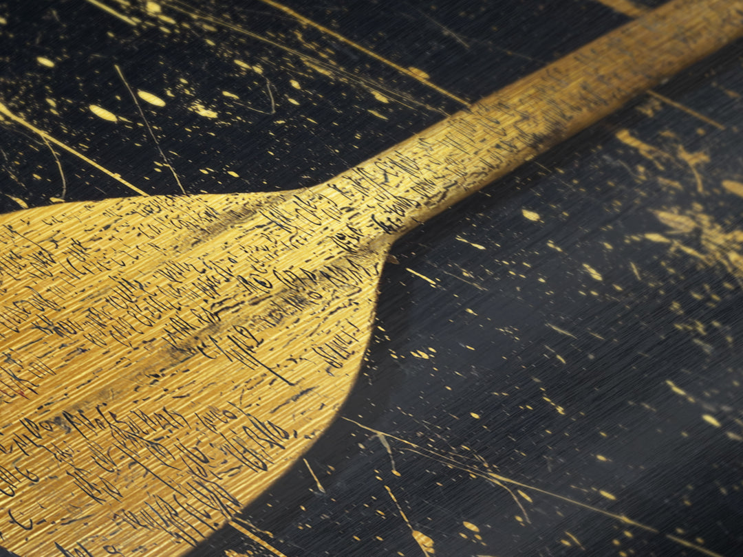 Ancient Oar Artwork, Mythological Paddle With Script Decorative Wall Design, Metallic Gold Metal Print, Real Wood Frame Wall Art