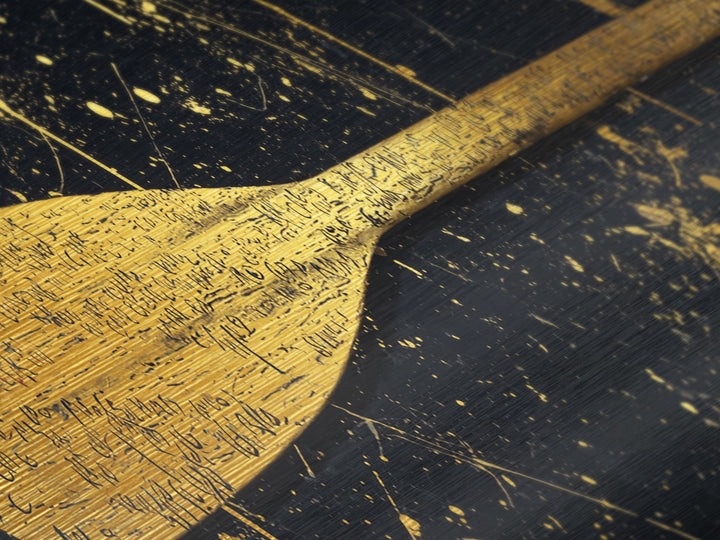 Ancient Oar Artwork, Mythological Paddle With Script Decorative Wall Design, Metallic Gold Metal Print, Real Wood Frame Wall Art