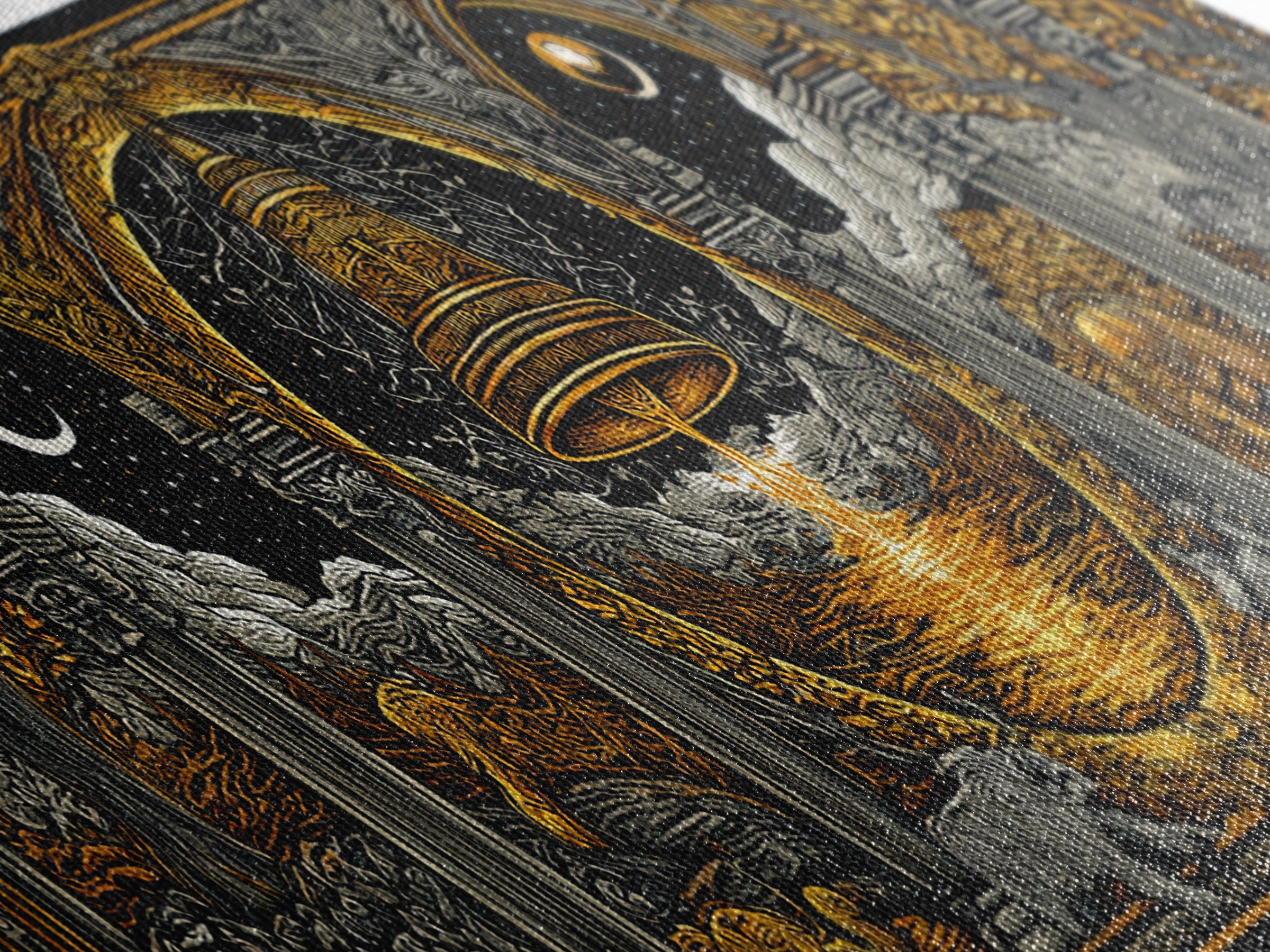 Mythological Temple Scene With Golden Bell, Classical Arches And Night Sky Artwork, Gold Canvas Print, Real Wood Frame