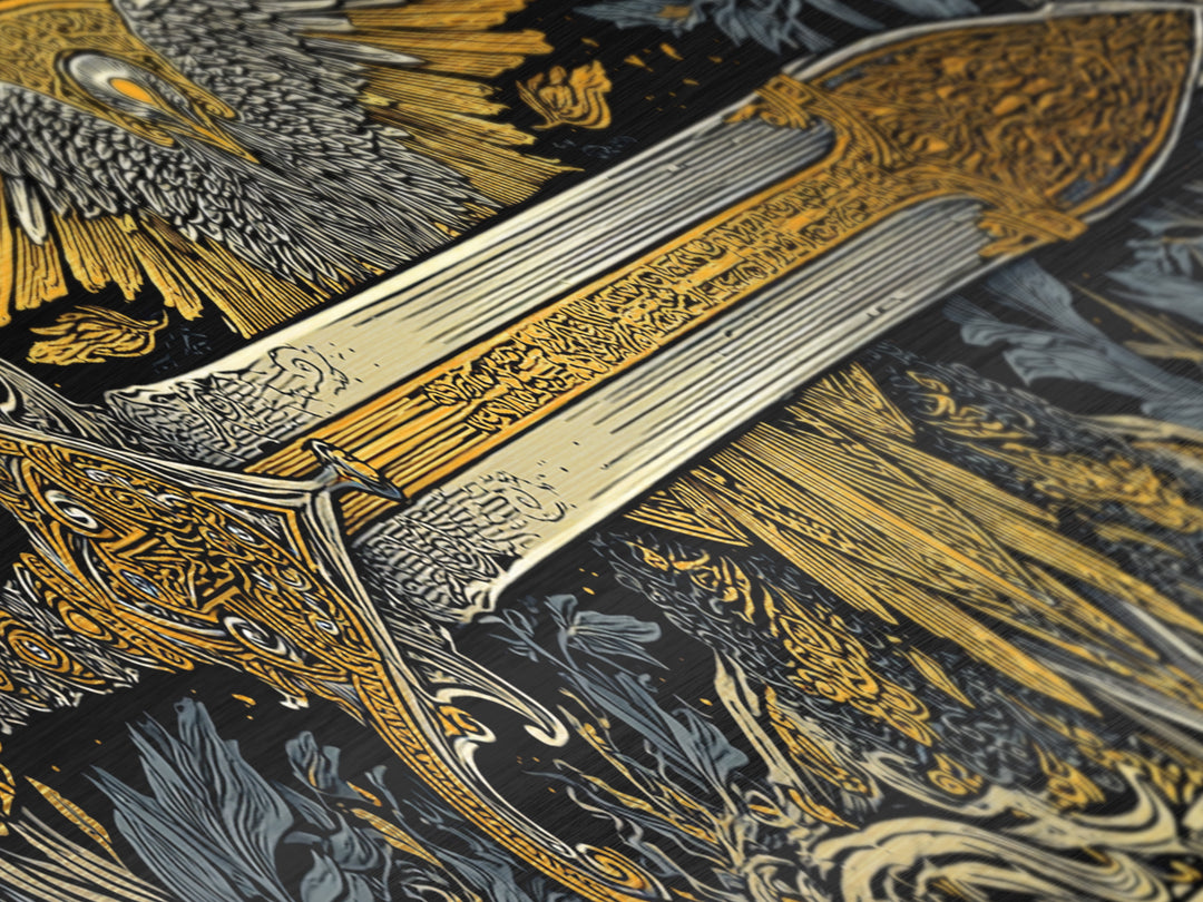 Sword With Wings, Mythological Weapon And Guardian Bird Decorative Wall Artwork, Metallic Gold Metal Print, Real Wood Frame Art