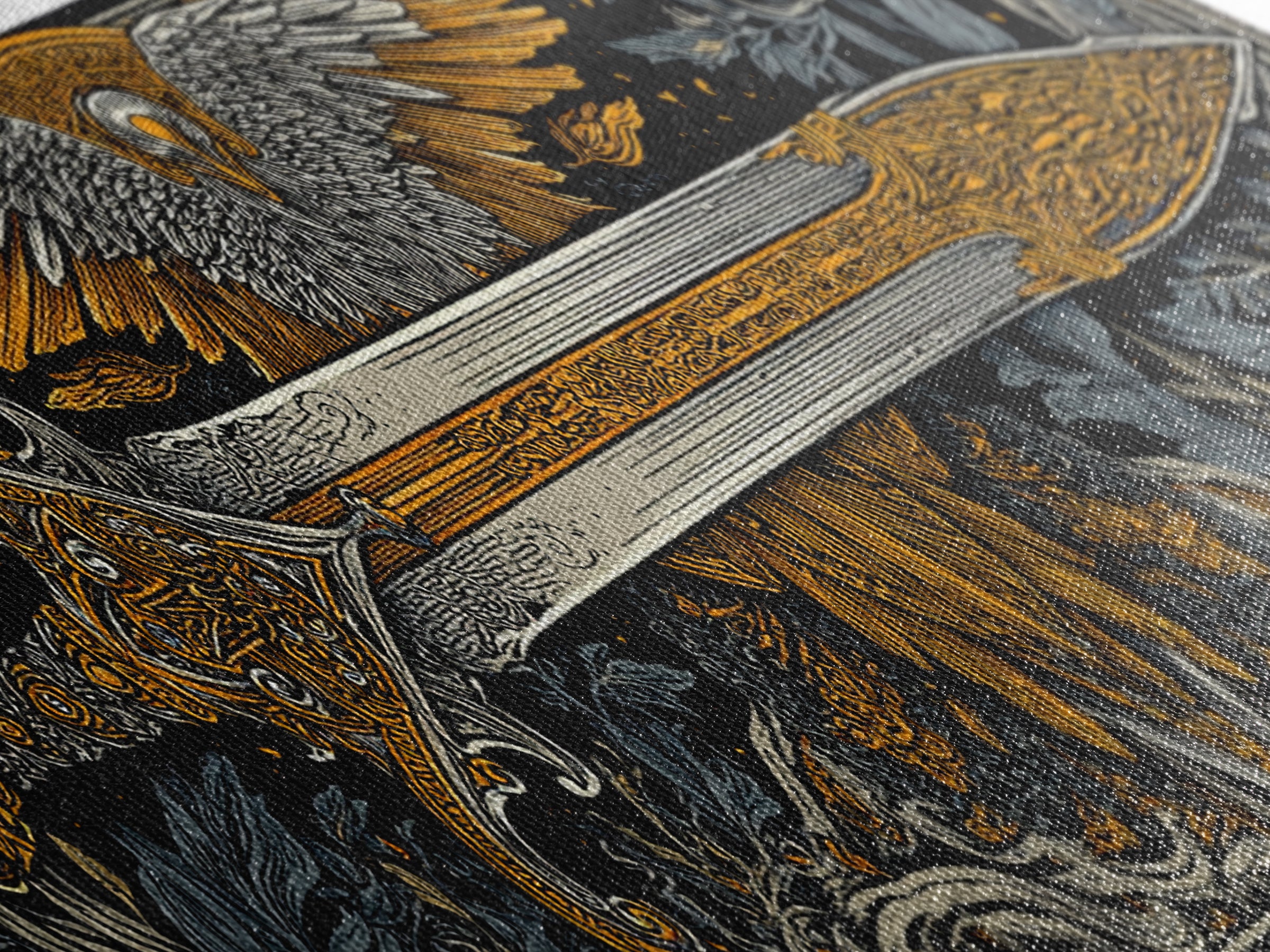 Sword With Wings, Mythological Weapon And Guardian Bird Decorative Wall Artwork, Gold Canvas Print, Real Wood Frame Art