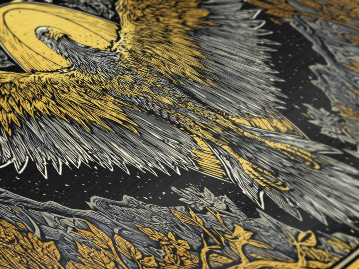 Majestic Golden Eagle Rising, Mythical Bird Of Power Wall Decor, Metallic Gold Metal Print, Real Wood Framed Art