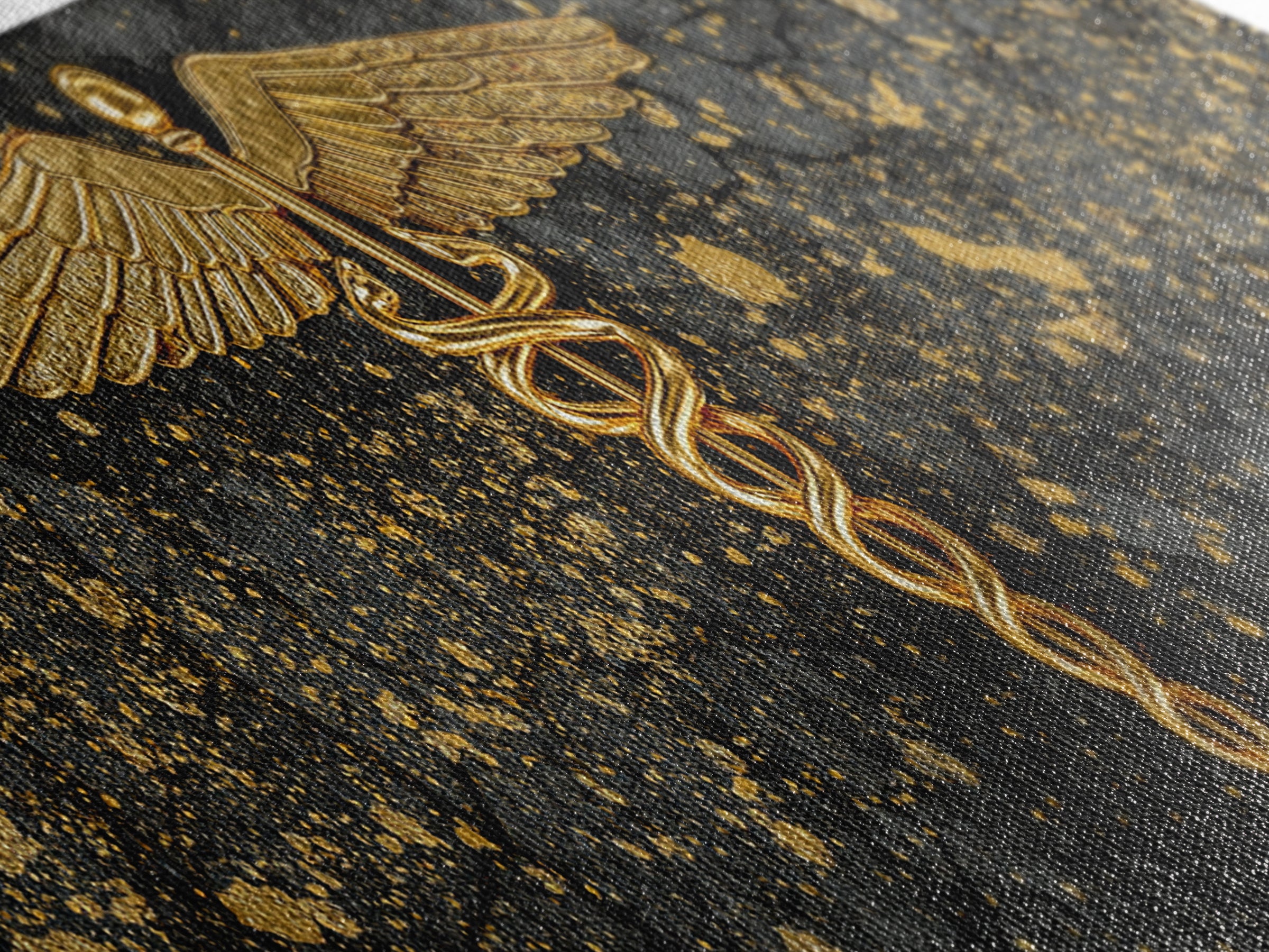 Caduceus Symbol Artwork, Ancient Mythological Medicine Emblem Decorative Wall Art, Gold Canvas Print, Real Wood Frame