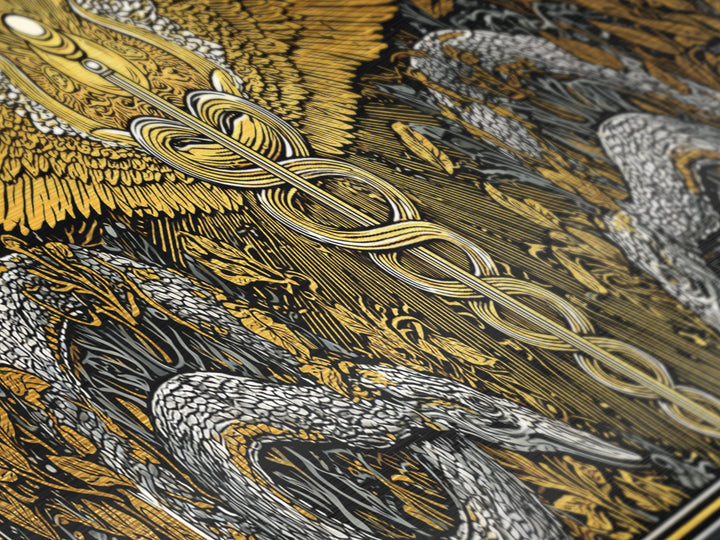 Caduceus With Serpents, Mythological Healing Symbol Decorative Wall Artwork, Metallic Gold Metal Print, Real Wood Frame Decor