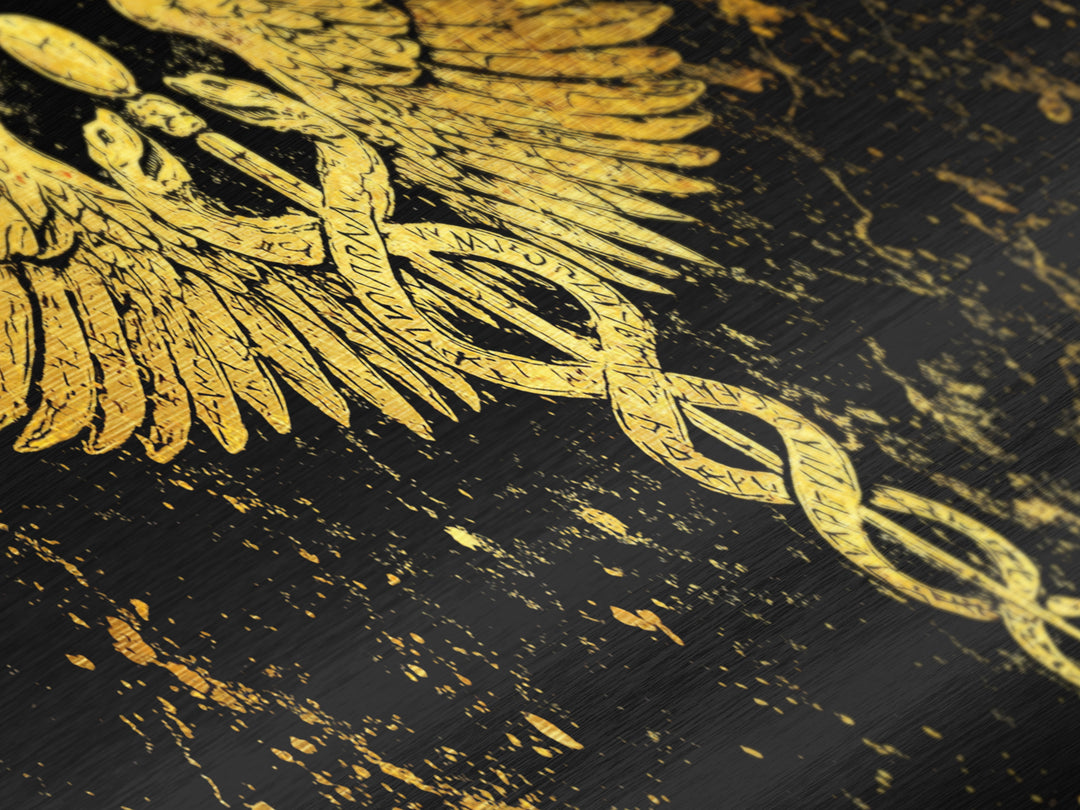 Ancient Caduceus Symbol, Winged Serpent Staff Mythological Artwork, Metallic Gold Metal Print, Real Wood Frame Wall Decor