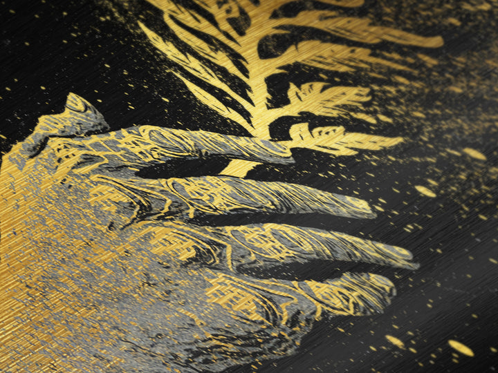 Hand With Olive Branch, Mythological Symbol Of Peace Decorative Wall Artwork, Metallic Gold Metal Print, Real Wood Frame Wall Art