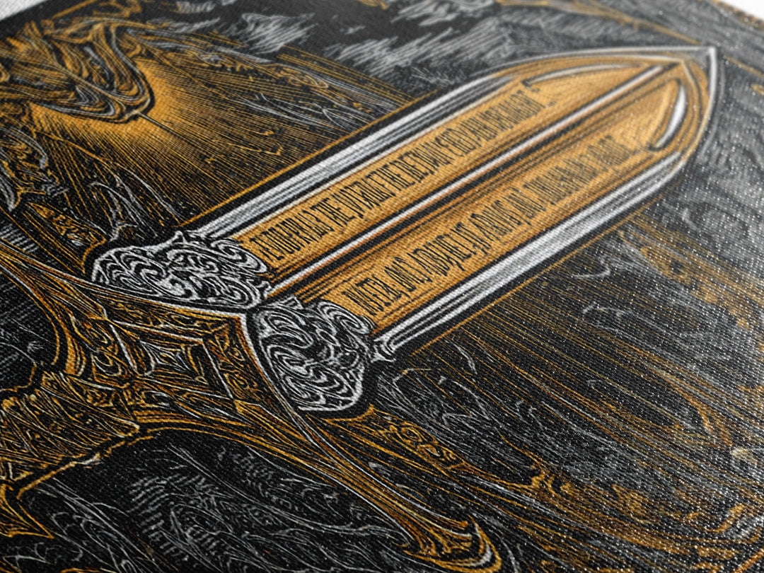 Ornate Mythological Sword, Decorative Ancient Weapon Symbolic Wall Artwork, Gold Canvas Print, Real Wood Frame Wall Decor