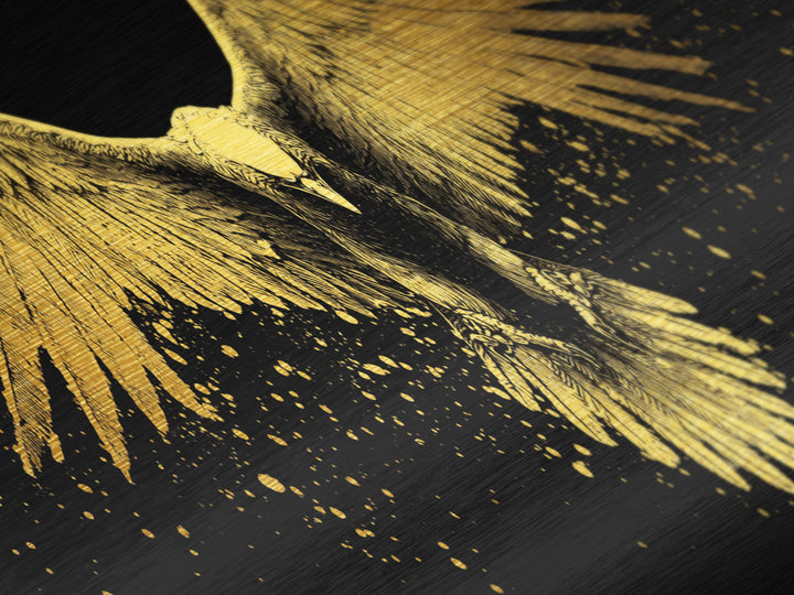 Golden Eagle In Flight, Regal Mythological Bird Wall Decor, Metallic Gold Metal Print, Real Wood Frame Art