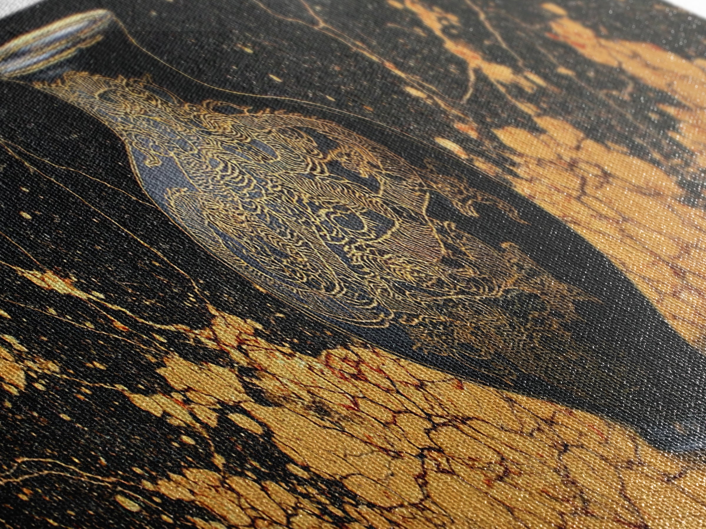 Ancient Golden Vase, Mythical Dragon Engraving Wall Decor, Gold Canvas Print, Real Wood Framed Art