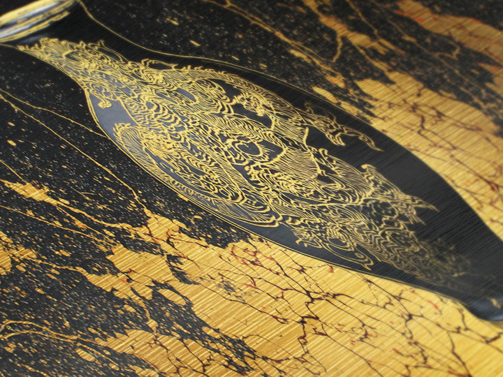 Ancient Golden Vase, Mythical Dragon Engraving Wall Decor, Metallic Gold Metal Print, Real Wood Framed Art