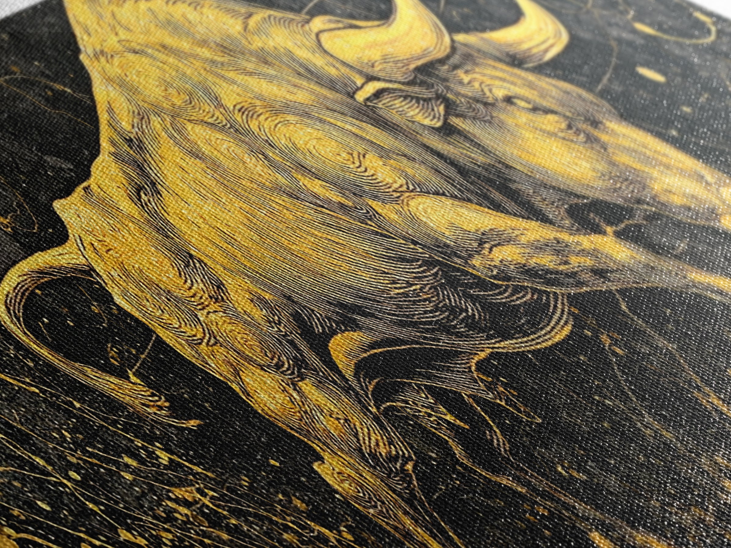 Charging Bull Artwork, Mythical Strength And Power Wall Decor, Gold Canvas Print, Real Wood Frame Art