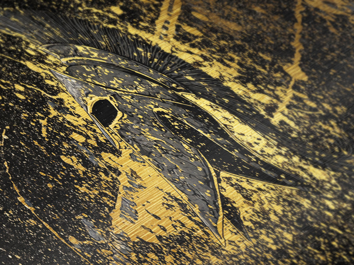 Spartan Helmet Splatter Artwork, Ancient Greek Warrior Mythological Symbol Decorative Art, Metallic Gold Metal Print, Real Wood Frame