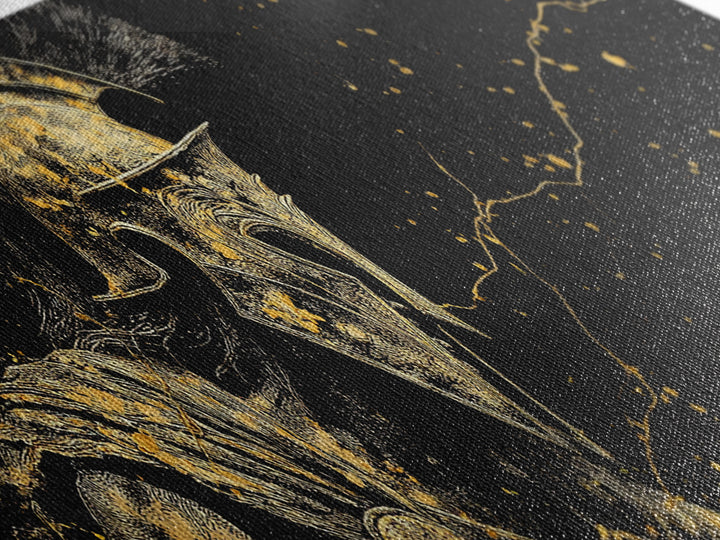 Greek Warrior Armor Close Up, Ancient Spartan Helmet Decorative Mythology Artwork, Gold Canvas Print, Real Wood Frame Wall Art