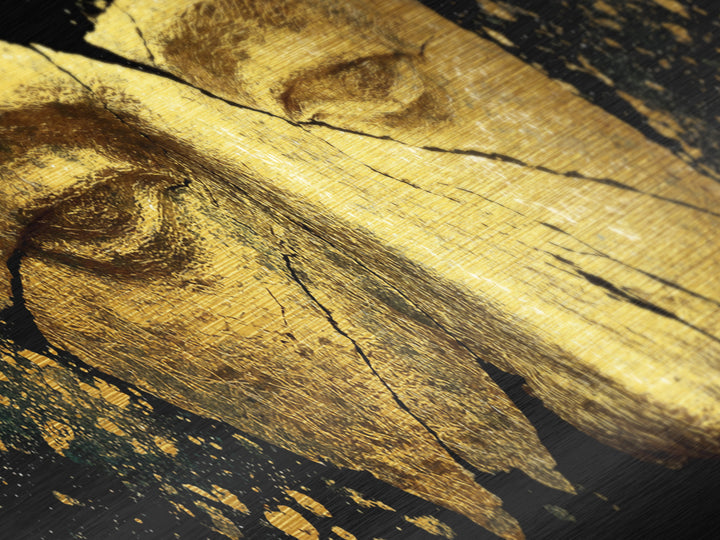 Cracked Ancient Golden Mask, Mythological Relic Metallic Gold Metal Print, Unique Fantasy Wall Art, Real Wood Frame