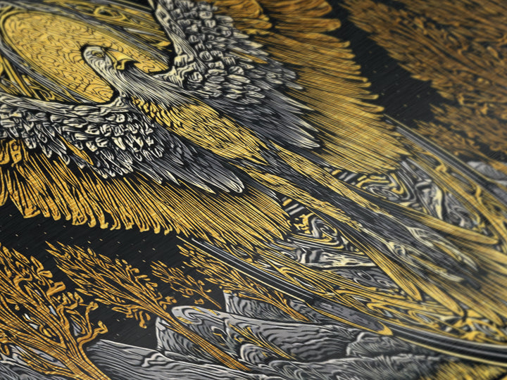 Eagle With Outstretched Wings, Mythology Bird Wall Decor, Metallic Gold Metal Print, Symbolic Strength Art, Real Wood Frame