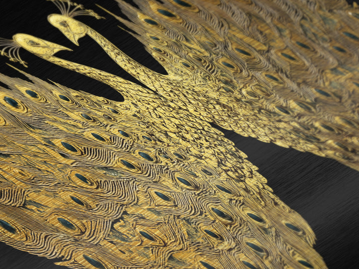 Twin Peacock Feathers, Elegant Bird Wall Decor, Metallic Gold Metal Print, Symbolic Decorative Art, Real Wood Frame