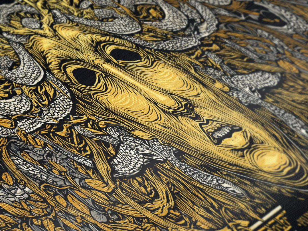 Medusa Myth Metallic Gold Metal Print, Snake Goddess Wall Art, Ancient Greek Gorgon Illustration, Real Wood Frame, Dramatic Luxury Decor