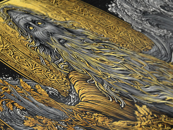 Oceanus Metallic Gold Metal Print, Greek Titan Of The Sea, Mythology Wall Art, Flowing Waves Illustration, Real Wood Frame, Ocean Decor