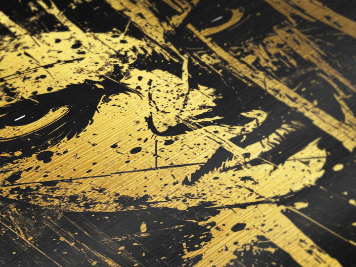 Intense Spooky Face in Splatter Style – Metallic Gold Art, Halloween Metal Art with Real Wood Frame, Gothic Horror Wall Print