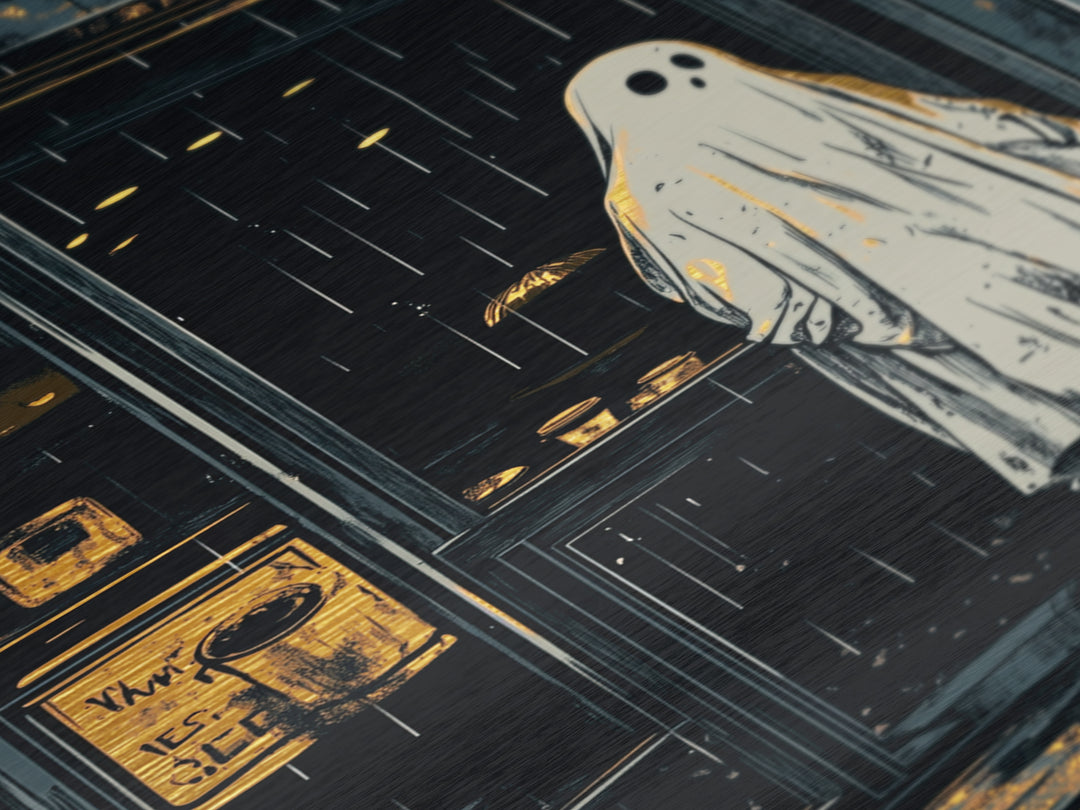Haunted Ghost in the Rain Metallic Gold Art Metal Art Spooky Season Wall Decor Framed in Natural Wood Gothic Halloween Print