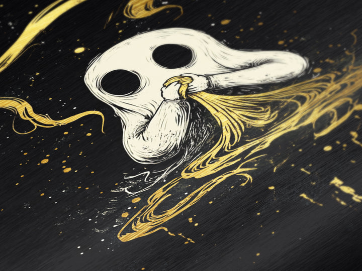 Ghost Eating Pasta Metallic Gold Art Metal Art Spooky Cute Halloween Wall Decor Framed in Real Wood Haunted Kitchen Wall Print