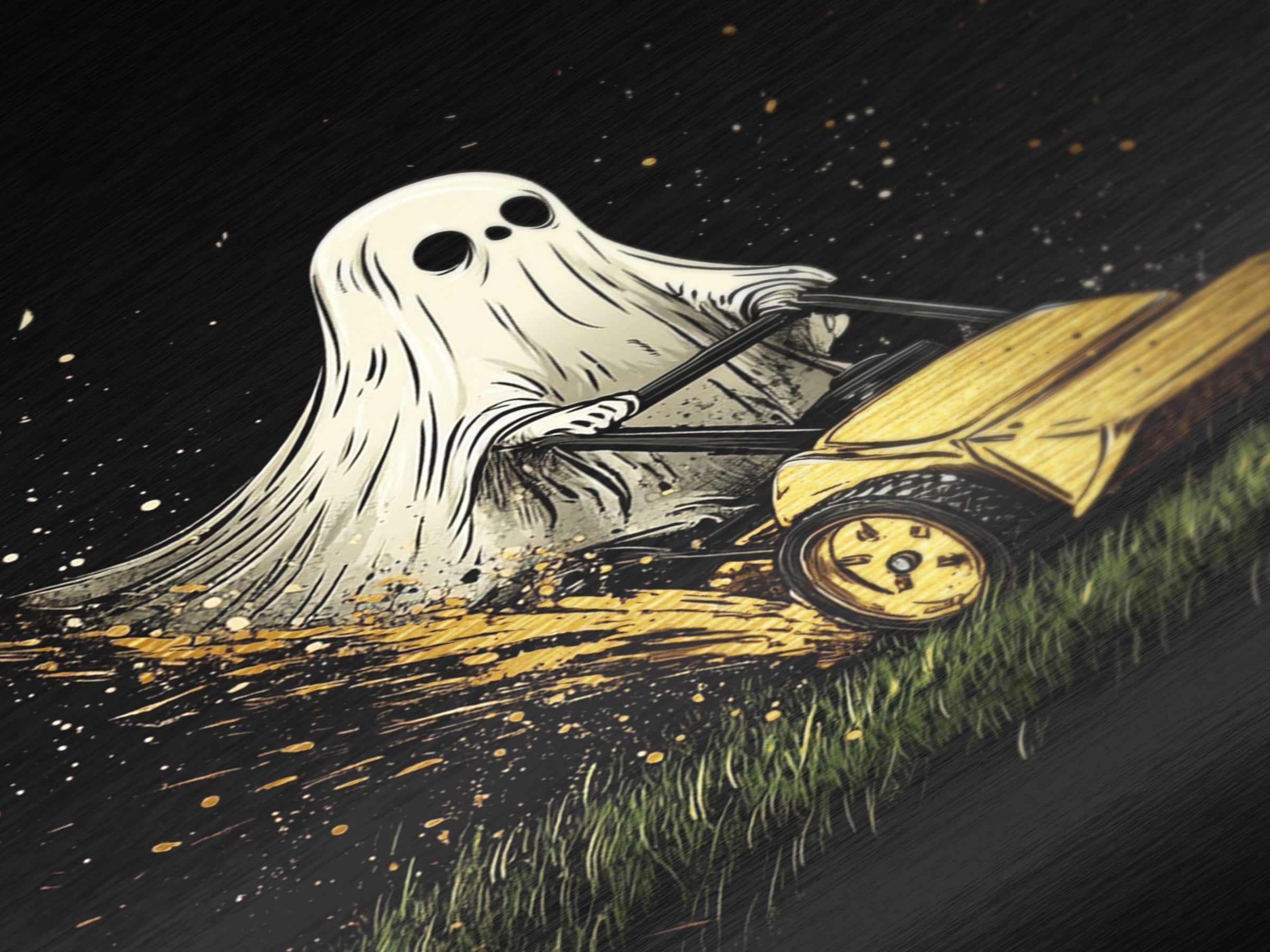 Ghost Mowing the Lawn Metallic Gold Art Metal Art Creepy Cute Halloween Wall Hanging Framed with Natural Wood Spooky Home Print
