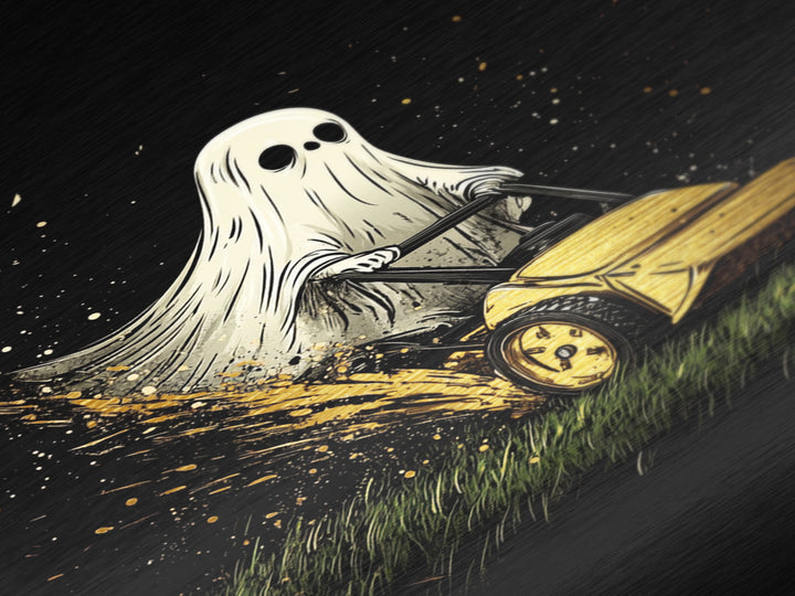 Ghost Mowing the Lawn Metallic Gold Art Metal Art Creepy Cute Halloween Wall Hanging Framed with Natural Wood Spooky Home Print
